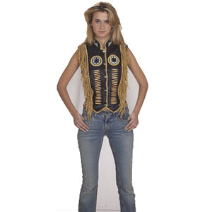 HMB-3581A <b>Women's</b> Vintage Western Style Canvas <b>Jacket</b> Windproof Beads Bone Work Leather Coat Logo <b>Fringes</b> Outer Wear Waistcoat - Product Image 1