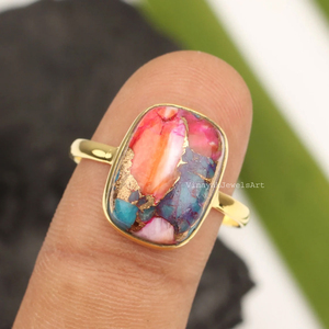 Anillo de Turquesa Cobre Dalia Naranja Más Vendido, Plata de Ley 925, Forma de Cojín de 10x14 mm, Chapado en Oro de 18K, Vermeil Eternity - Product Image 2