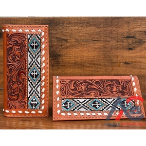 <b>Men's</b> High Quality Personalized Hand Tooled <b>Leather</b> Beaded Long Wallet <b>Purse</b> Cow <b>Leather</b> Bifold Credit Card Wallets with Pockets - Product Image 1