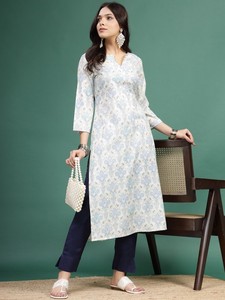 Offre Exceptionnelle 2023 : Robe Kurta Droite à Col en V et Manches Longues pour Femme, Imprimé Floral, Coton Élégant, Estival, Imprimé par Décoloration - Product Image 5