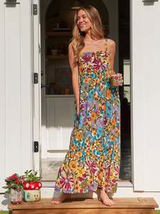 Attractive Bohemian Rayon Printed Maxi <b>Dress</b> <b>Long</b> Sleeves V- Neck Holiday Casual Midi Length <b>Dress</b> for Women - Product Image 3