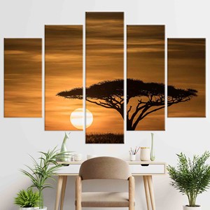 Elegante cuadro impreso en lienzo con paisaje del amanecer del Serengeti para sala de estar, mezcla de 5 piezas: envoltura tipo galería - Product Image 1