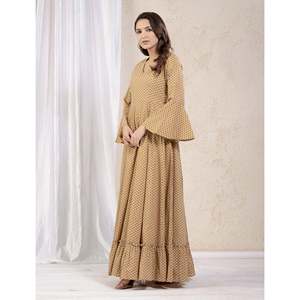 Beige Cotton Printed Long <b>Umbrella</b> <b>Dress</b> <b>Indian</b> & Pakistani Clothing - Product Image 5