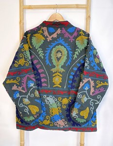 Grey Suzani Kimono Robe, Embroidered Boho Kimono <b>Jacket</b>, Handmade Cotton Wrap Robe, Tribal Festival Kimono - Product Image 3