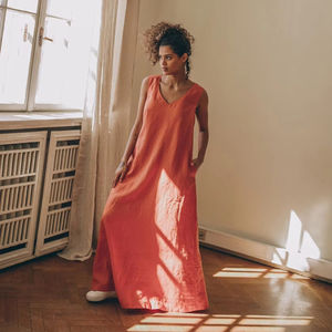 Robe longue d'été sans manches en lin et coton écologique Robe longue en lin tissé de style bohème - Product Image 1