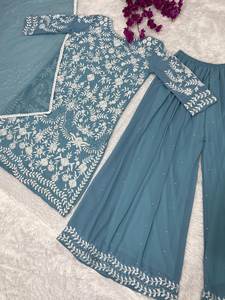 Nuevo diseñador de seda pesada Saree con trabajo Palazzo Suit Designer Georgette Top High Quality Adult Casual Party Gown Lehenga Choli - Product Image 5