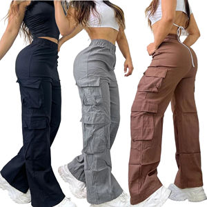 Pantalones de cintura alta, ropa de calle, pantalones Cargo de 6 bolsillos, pantalones Cargo de cintura alta de algodón 100% para mujer, pantalones Cargo de moda lisos para mujer - Product Image 5
