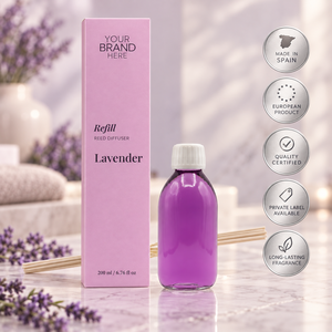 Private Label Lavender <b>Reed</b> <b>Diffuser</b> Refill 200ml + Sticks | Floral Relaxing Home Fragrance | OEM Manufacturer Spain - Product Image 1