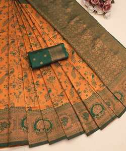 Amarillo Sari blusa verde tejido indio mujeres adultos lavable limpieza en seco India y Pakistán apoyo tamaño completo Saree / Sari / Shari - Product Image 2