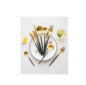 Mirror polish Brass Flatware Set <b>Dinner</b> Spoons Forks and <b>Knifes</b> Mirrored steel Cutlery Set black Long Handle for selling - Product Image 2