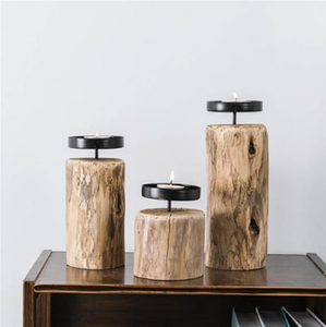 Stacked design wooden candle holders with a textured black/brown finish for Home & Wedding Event Decoration - Product Image 5