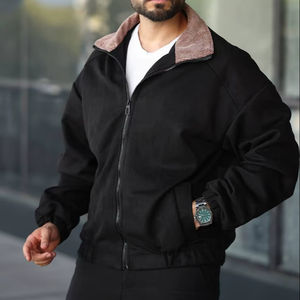 <b>Men's</b> Winter Khaki Zip-Up Long Sleeve Casual Outerwear <b>Corduroy</b> Collar Streetwear <b>Jacket</b> with Button Decoration Warm Fabric - Product Image 1