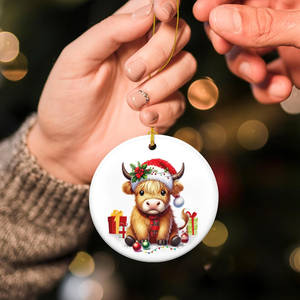 Decorazioni Natalizie in Ceramica <span class=keywords><strong>con</strong></span> Motivi Personalizzati, Ornamenti a Forma di Mucca Highland, Regali per Mamma, Papà e Famiglia - Product Image 1