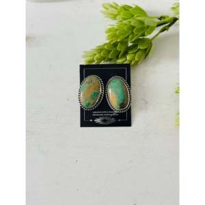Larry Kaye Kingman Turquoise & Sterling <b>Silver</b> <b>Stud</b> Earrings Bezel Setting Post Earrings - Product Image 1