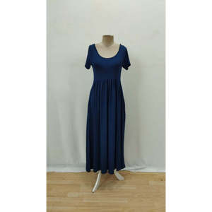 Women's Short-Sleeved Round Neck Front Slit Pocket <b>Viscose</b> Long <b>Dress</b>, 33073 - Blue - Product Image 5