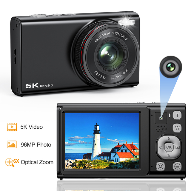 Perfect 5K Vlogging Camera for Beginners Point Shoot 96MP CMOS Sensor 6X Optical Zoom Electronic Image Stabilization Holiday