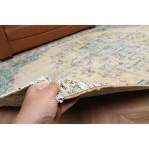 Turkish 5.7x9.9 ft Rug, Vintage Rug, <b>Yellow</b> Check Rug <b>Wool</b> - Product Image 4