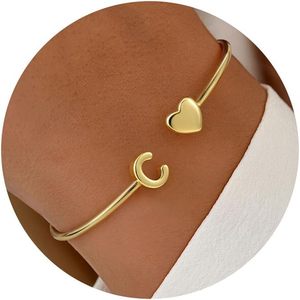 Handmade Style Gold Heart and Moon Cuff <b>Bracelet</b> Open Adjustable Minimalist <b>Boho</b> Fashion Jewelry for Women Wholesale Gift - Product Image 2
