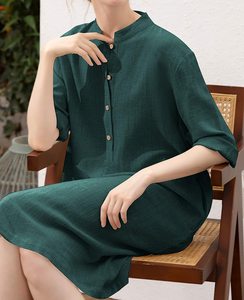 100% Cotton Solid Color Clothing for Women V-Neck Fashion <b>Three</b> Quarter Sleeve Dress - Product Image 5