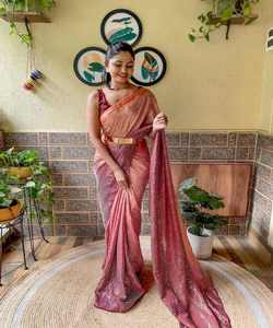 Sari de Seda Georgette, Ropa India Lista para Usar, Ropa de Fiesta y Boda para Mujer, Bordado Tradicional, Banarasi Khadi - Product Image 5