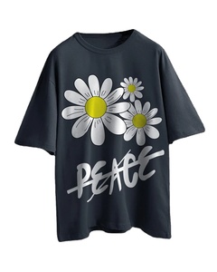 Camiseta Premium Unisex Negra con Estampado de Margaritas y Paz, Oversize, Estilo Urbano, Manga Corta, Cuello Redondo, Algodón Felpa, Secado Rápido - Product Image 1