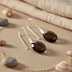 ต่างหูทรงหยดน้ำควอตซ์สโมคกี้สำหรับผู้หญิง ชุบทอง เงินสเตอร์ลิง ประดับเพชร สำหรับงานแต่งงาน ลายรูปหัวใจสไตล์คริสเตียน - Product Image 1