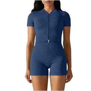 Logotipo personalizado sin costuras acanalado sólido traje deportivo con cremallera camisetas de manga corta Scrunch Butt medio de longitud completa pantalones cortos conjuntos Yoga Running - Product Image 4