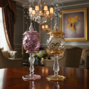 เตาเผากำยานแก้วศิลปะพื้นบ้านอียิปต์ LW68 พรีเมียม ขนาด 20 ซม. ทนความร้อน ลายตารางสีทอง เป่าด้วยมือ สำหรับบัคฮูร์และอูด - Product Image 1