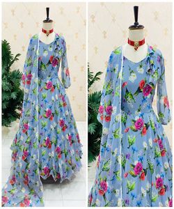 Anarkali Diseñador Organza Seda Impresión digital Vestido DE TRABAJO Parte inferior con Dupatta Ropa de fiesta Precio al por mayor Ropa étnica Alphanumero - Product Image 4