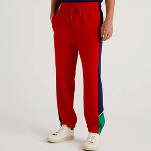 Men Red Sweatpants With Navy Side Stripes <b>Elastic</b> <b>Waist</b> Drawstring Casual Joggers Autumn Wear - Product Image 3