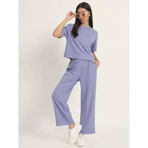 Conjunto de pantalones cortos y camiseta de dos piezas de estilo occidental para mujer de lavanda, patrón sólido, vacaciones para salón, ropa de vacaciones para niñas - Product Image 1