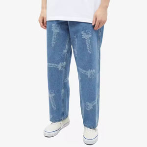Derniers jeans baggy délavés à la pierre en coton pour hommes logo personnalisé imprimé au laser respirant léger poches avant plates - Product Image 1