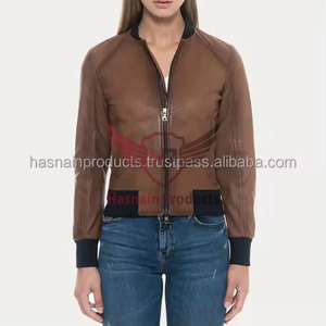 <b>Womens</b> Real Brown Leather <b>Jacket</b> Black Ribbed Collar Sheepskin Contrast Hem <b>Zip</b> <b>Up</b> Bomber Coat Custom Winter Warm Outerwear - Product Image 4