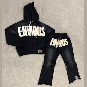 Baggy jogging personnalisé pour hommes Dtg impression passepoil survêtement Y2K rue rétro lettre impression à capuche pantalon de survêtement ensemble deux pièces - Product Image 1