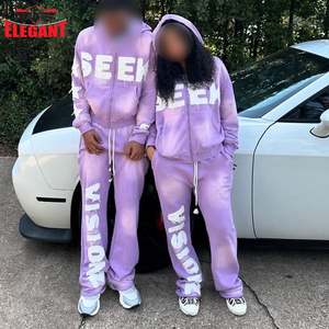 Chándales acampanados bordados desgastados lavados con ácido, chándal para hombres, sudaderas con capucha apiladas acampanadas y pantalones de chándal con cremallera, chándales - Product Image 6