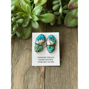 Navajo Made Sonoran Gold & <b>Sterling</b> <b>Silver</b> Butterfly <b>Stud</b> <b>Earrings</b> with Bezel Setting - Product Image 1