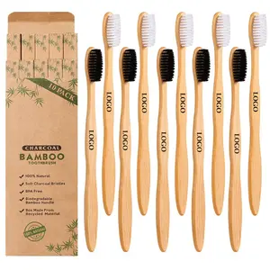 Escova de dente de bambu preta, pacote com 10 unidades de escova de dente de bambu macio de carvão
