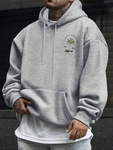 Sudadera con Capucha Gris para Hombre, Estilo Casual para Otoño, Tejido French Terry, Diseño con Estampado Frontal de Palmera de California - Product Image 1