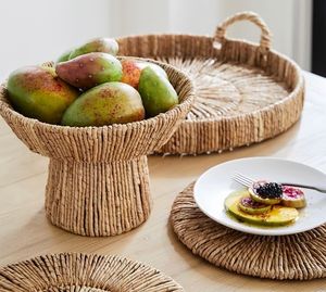 Handmade Decorative Rattan Jute <b>Serving</b> <b>Tray</b> With Bone Inlay Finishing Set of 3 <b>Rounded</b> Shape Food Server <b>Tray</b> - Product Image 4