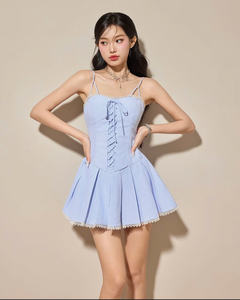 Robe mini corset à rayures bleues avec laçage sur le devant, garniture en dentelle féminine, ajustement cintré à la taille, fabriquée au Vietnam - Product Image 1