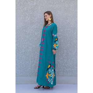 Robe longue kaftan pour femme, couleur unie, brodée, avec manches bouffantes, style ethnique bohème, maxi, vêtements de plage - Product Image 2