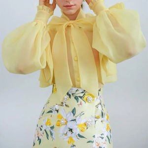 Custom Solid Long Puff Sleeve Bow Collar Office Lady Women Blouse Spring Fashion Ruffle Chiffon Women's Blouses Shirts - Product Image 2