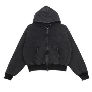 Sudaderas con capucha de lavado ácido de alta calidad Color negro Oversize Front Two Pocket Zipper Up Peso pesado Hombres adultos Sudadera con capucha de lavado ácido - Product Image 1