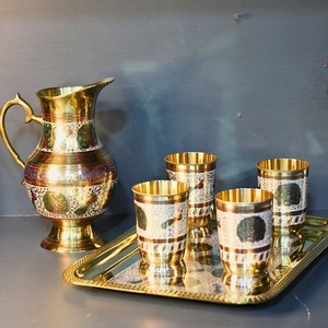 Juego de jarras de latón hechas a mano con 4 vasos y bandeja cuadrada, diseño de pavo real esmaltado, vajilla tradicional para servir, decoración festiva - Product Image 3
