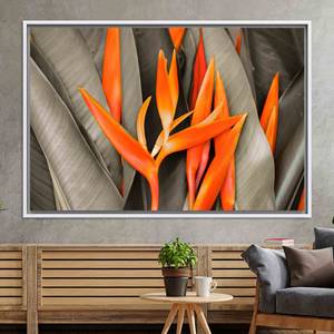 Vibrant Orange Bird of Paradise Printed <b>Canvas</b> Artwork, Modern Floral Decor,WHITE <b>FRAMED</b> <b>CANVAS</b> - Product Image 1