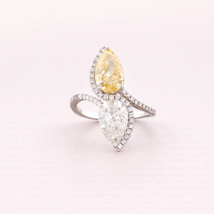 IGI Certified Pear Cut Yellow & White Lab Grown Diamond <b>Two</b> <b>Stone</b> Engagement <b>Ring</b> 9K Yellow / White & Rose Gold Halo <b>Ring</b> - Product Image 1