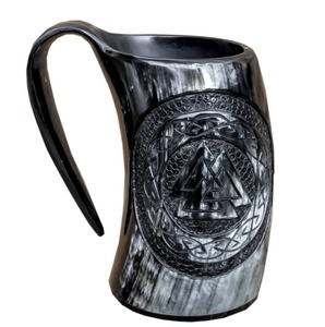 100% tasse de corne de vin Viking de haute qualité Top tendance Europe-Style sculpté corne à boire Tankard Buffalo Ox corne tasse avec Base en MDF - Product Image 3
