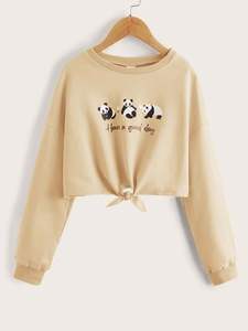 Vente en gros de sweatshirts courts décontractés 100% coton à carreaux avec logo personnalisé pour femmes - Product Image 4