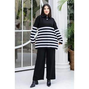 เสื้อถักลายทางคอคนขับรถบรรทุกชุด2ชิ้นสีดำ - Product Image 1