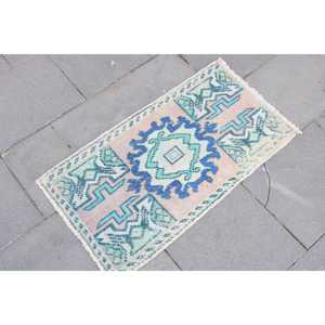 Alfombra Turca Vintage de Lana Azul, 1.3x2.7 pies (40x81 cm) - Product Image 3
